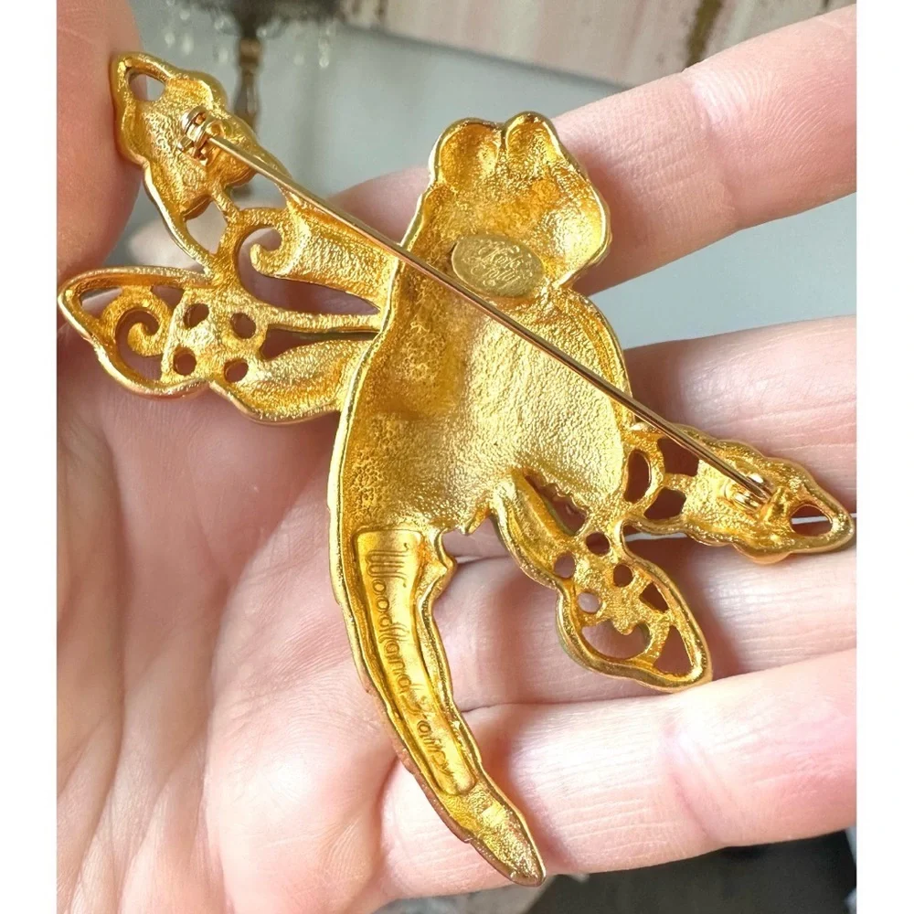 SIGNED KIRKS FOLLY AURORA BOREALIS WOODLAND FAIRY on DRAGONFLY BROOCH ~ 3.25”